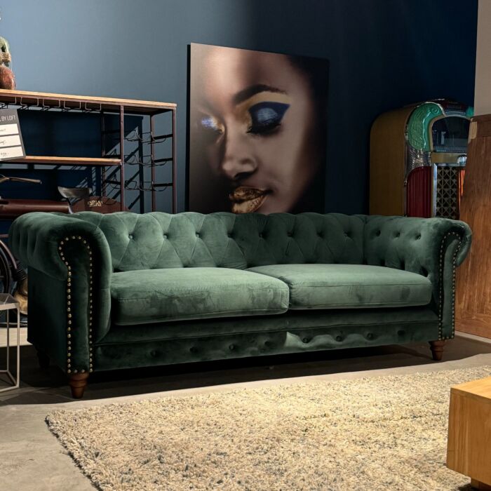 3-Zits Bank Chesterfield Groen Velours